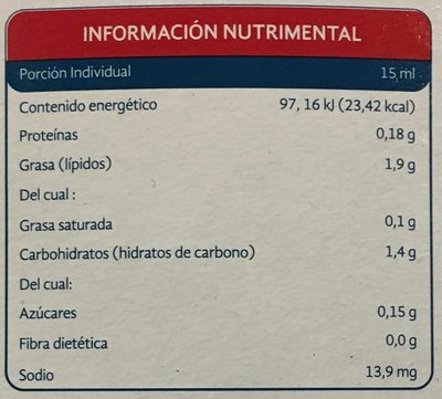 Crema para café nutrition facts table