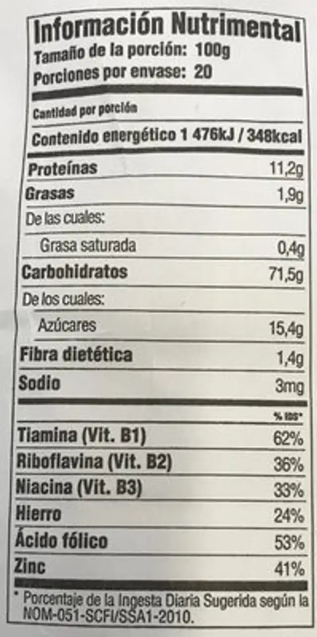 Harina de trigo nutrition facts table