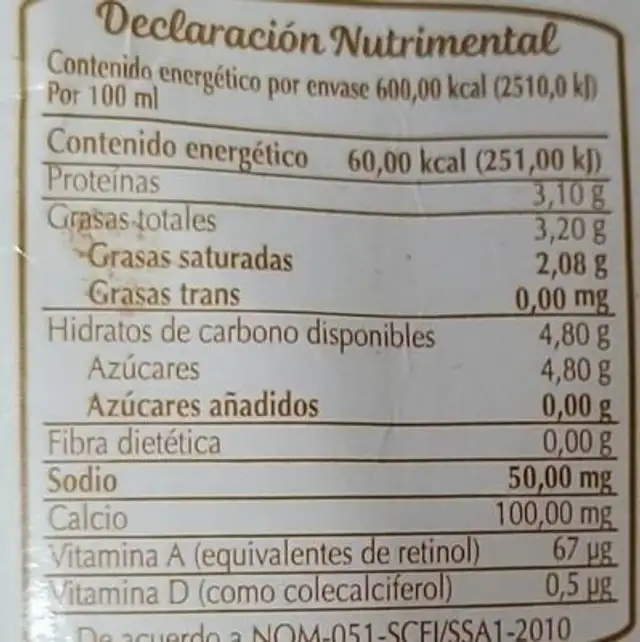 Leche San Marcos nutrition facts table