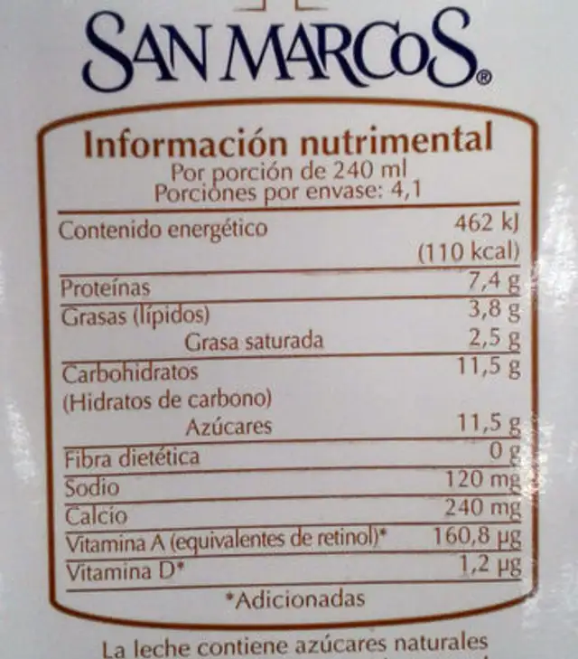 Leche Semidescremada San Marcos nutrition facts table