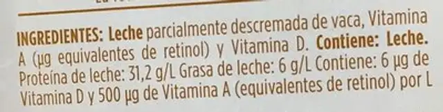 Leche baja en grasa San Marcos ingredients label