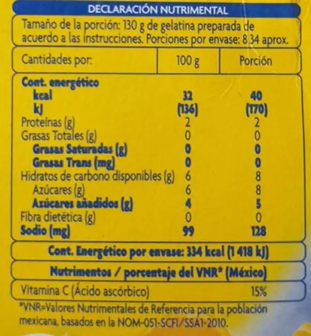 Pronto Sabor Naranja nutrition facts table