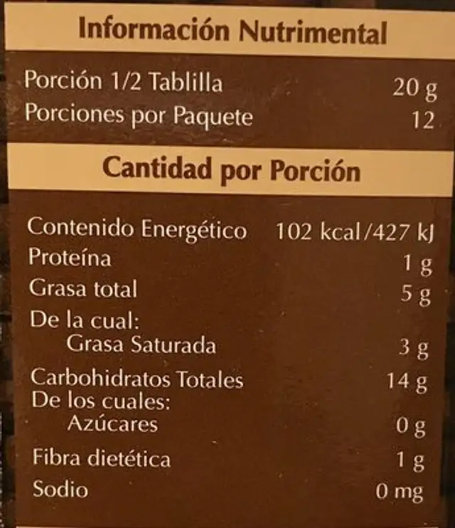 Moctezuma, Bittersweet Chocolate nutrition facts table