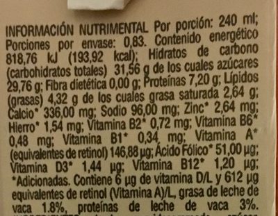 Leche sabor helado de capuchino nutrition facts table
