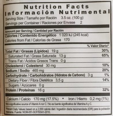Queso de cabra Rancho Vistalegre nutrition facts table