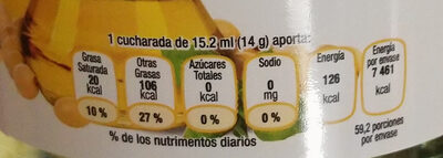 Aceite vegetal comestible nutrition facts table