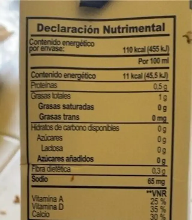 Leche de almendra nutrition facts table
