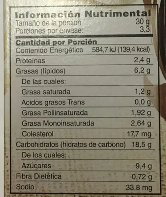 Galletas de Amaranto nutrition facts table