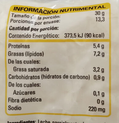 Mozzarella Picado nutrition facts table