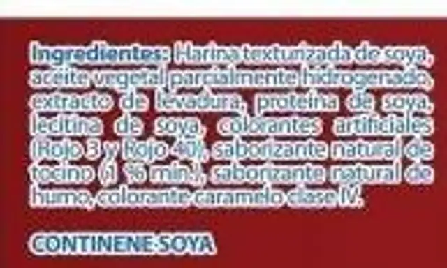 Trocitos de soya sabor tocino Great Value ingredients label
