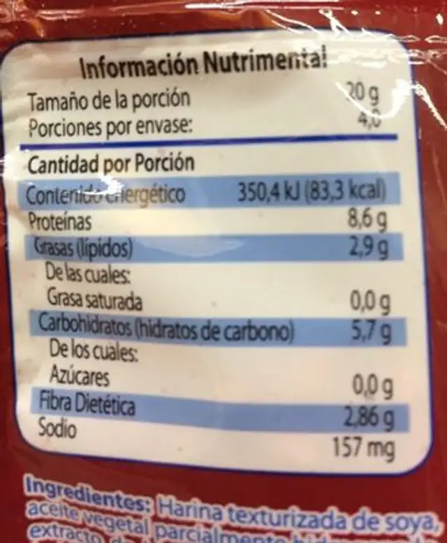 Trocitos de soya sabor tocino Great Value nutrition facts table