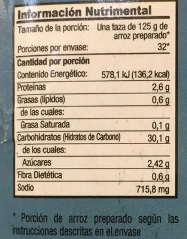 SAZONADOR PARA ARROZ BLANCO nutrition facts table