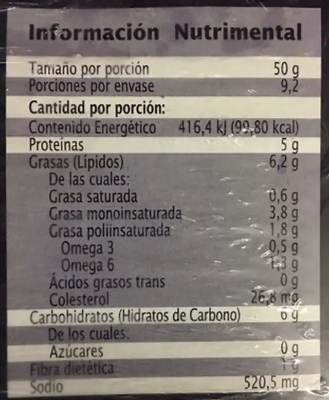 Camarones empanizados, Extra Especial nutrition facts table