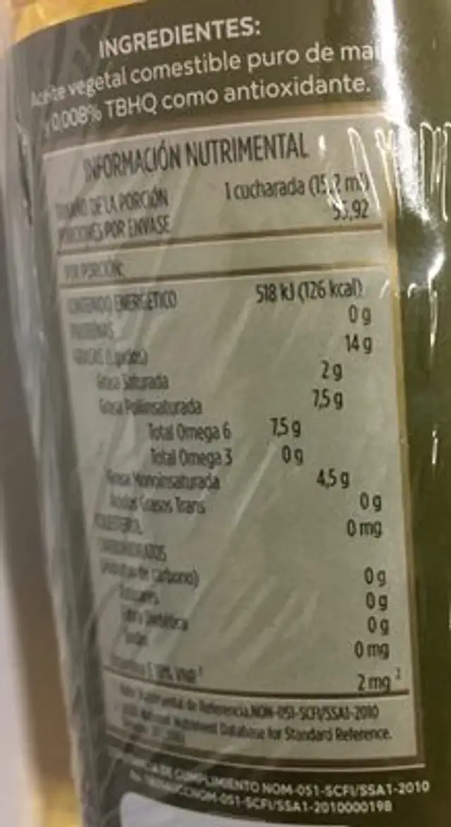 2 Pack Aceite de maíz La GLoria 850 ml ingredients label