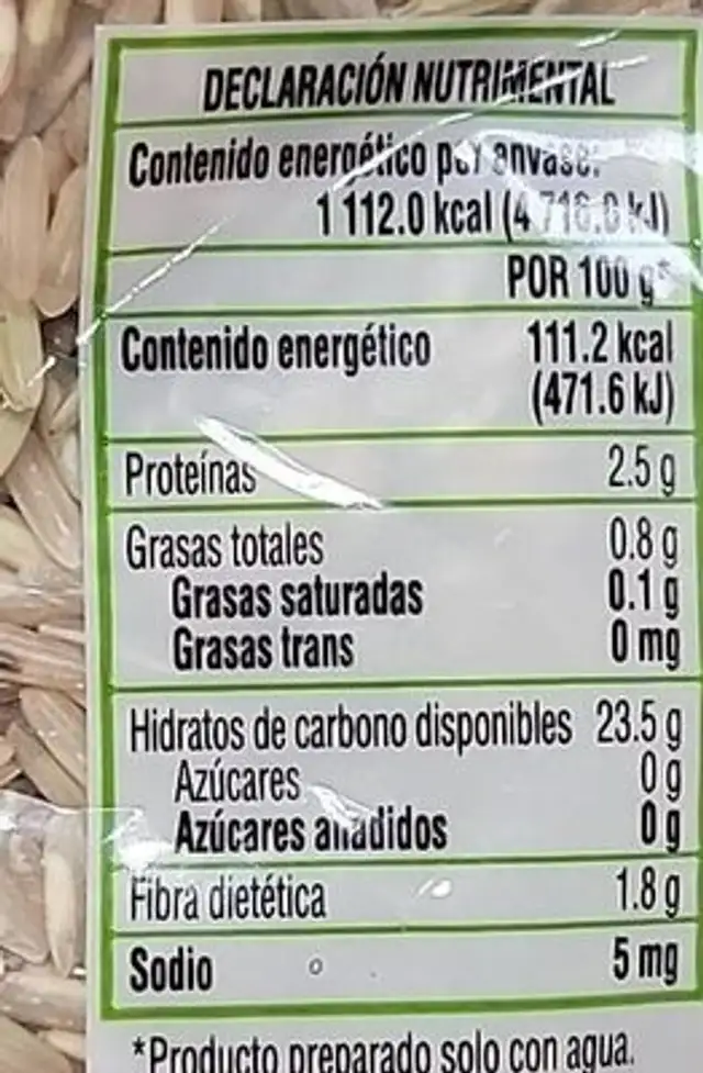 Organic brown rice nutrition facts table
