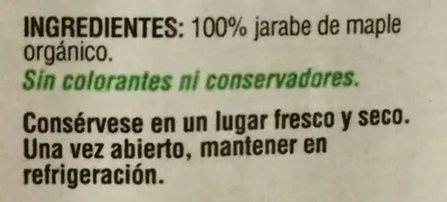 Jarabe organico de Maple ingredients label