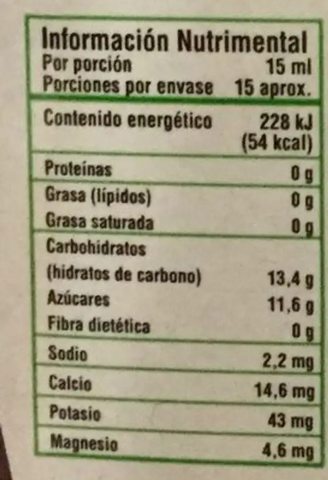 Jarabe organico de Maple nutrition facts table
