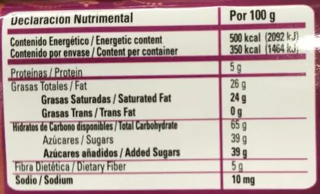 Choco amaranto Casa Adelita nutrition facts table
