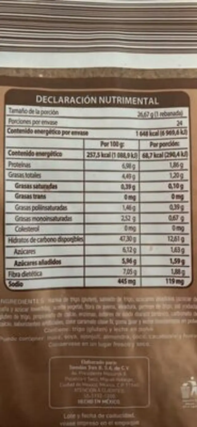 Pan de Harina de Trigo adicionada con fibra nutrition facts table