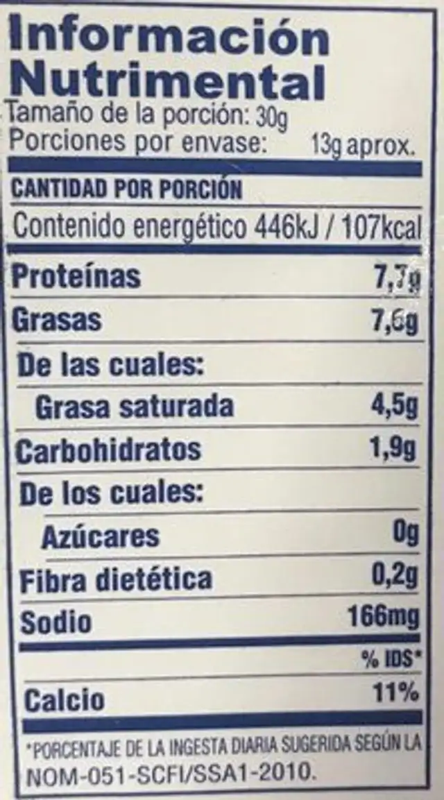 Queso Cheddar 400g nutrition facts table