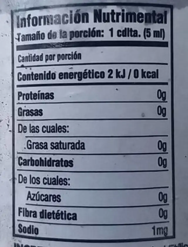 Vainilla nutrition facts table