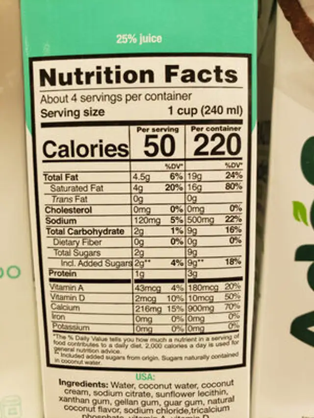 Alimento Líquido de Coco nutrition facts table
