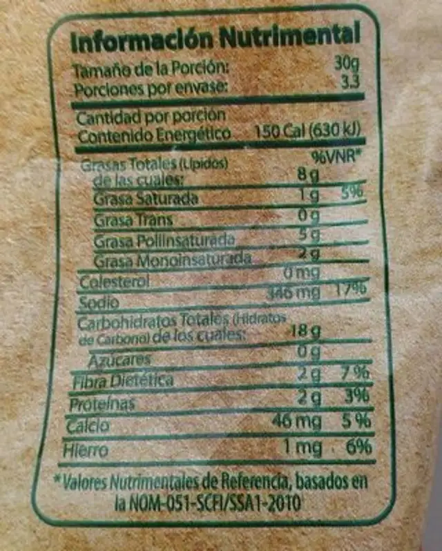 Churritos hechos con nopal fresco nutrition facts table