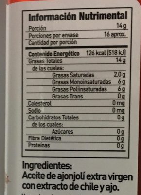 Aceite de ajonjolí picante Inés nutrition facts table