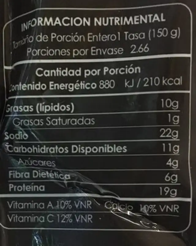 Edamames sin vaina nutrition facts table