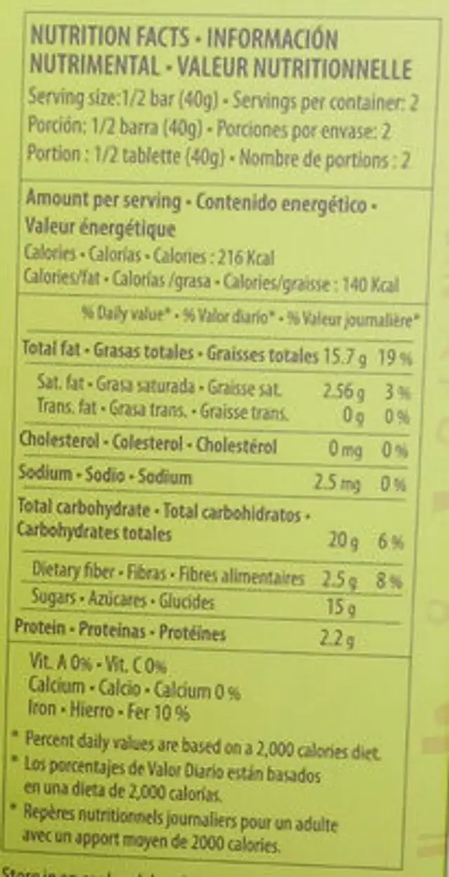 Dark Chocolate with Lima Lime form Campeche and Almonds nutrition facts table