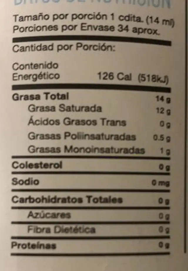 Aceite de Coco Orgánico nutrition facts table