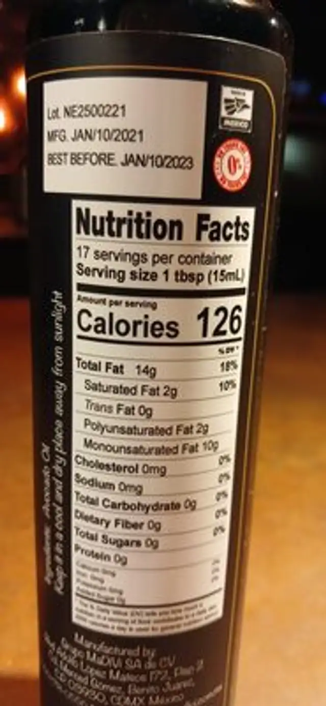 Avocado Oil nutrition facts table