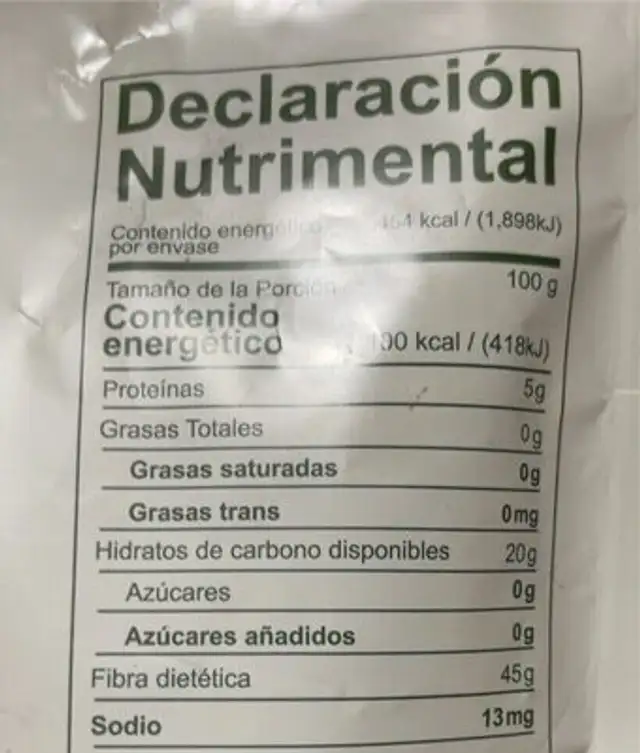 Organic Nopal Dehydrated Powder nutrition facts table