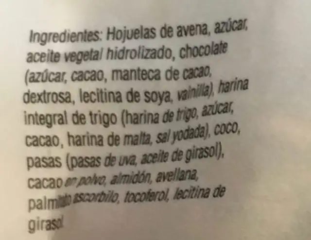 CRUNCHY GRANOLA CON CHOCOLATE ingredients label