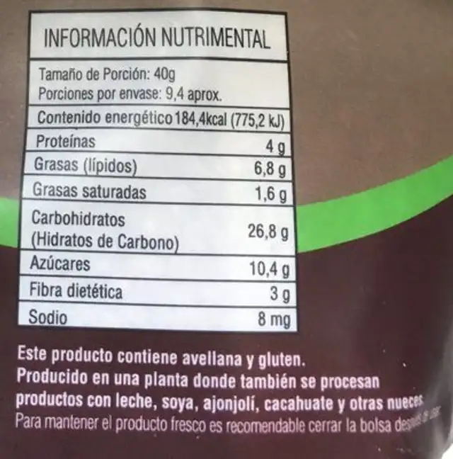 CRUNCHY GRANOLA CON CHOCOLATE nutrition facts table