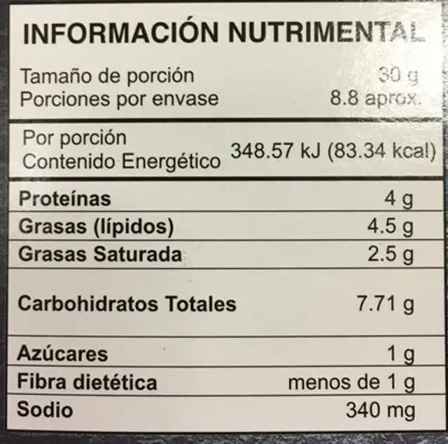 Botana de Queso Jalapeño nutrition facts table