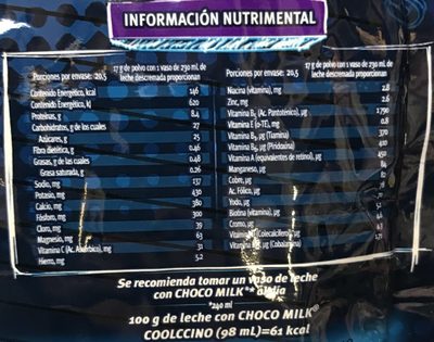Chocolate en polvo nutrition facts table