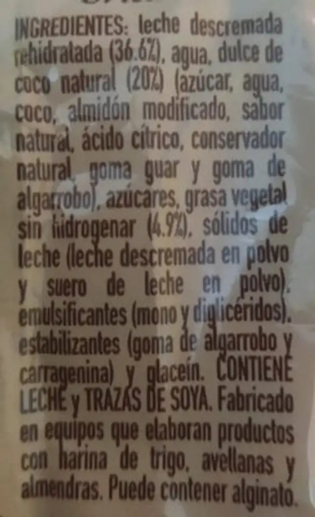 Solero Artesanal ingredients label