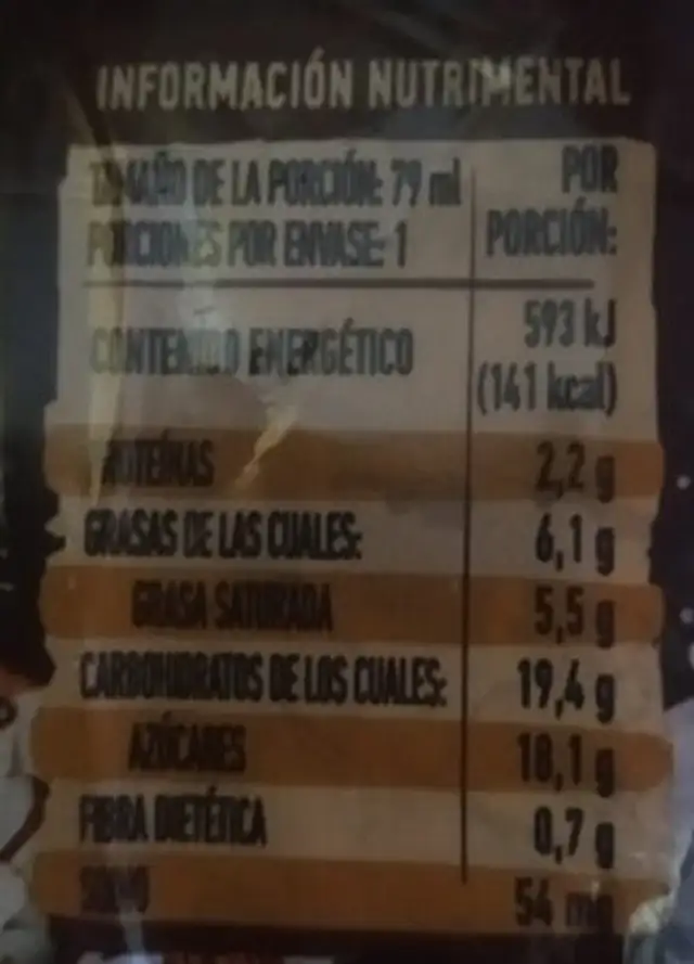 Solero Artesanal nutrition facts table