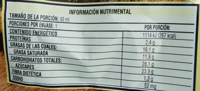 Double Caramelo nutrition facts table