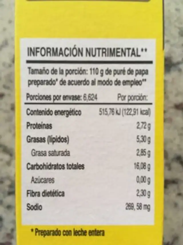Puré de Papa Instantáneo nutrition facts table