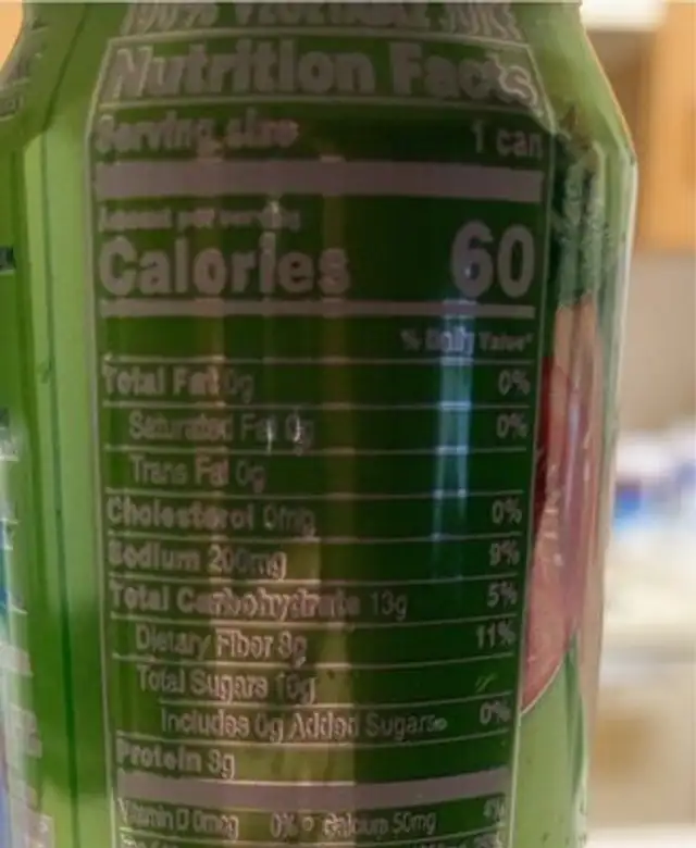 V8 low sodium nutrition facts table