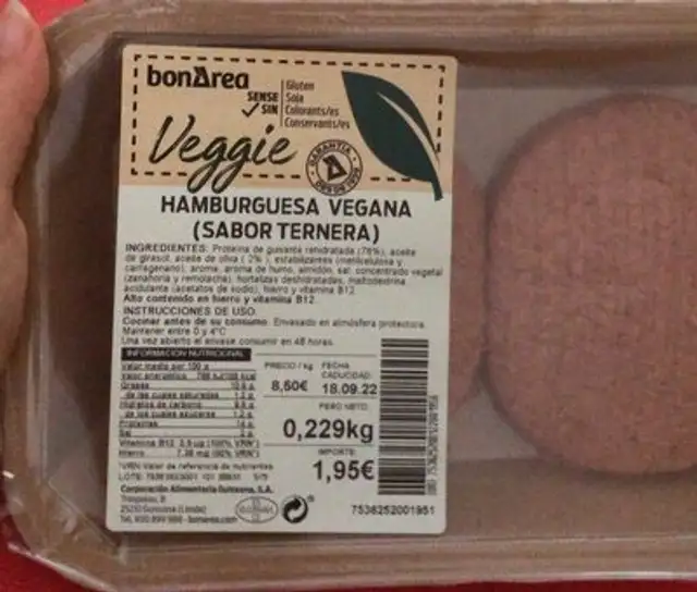 Hamburguesa vegana (sabor ternera) front packaging