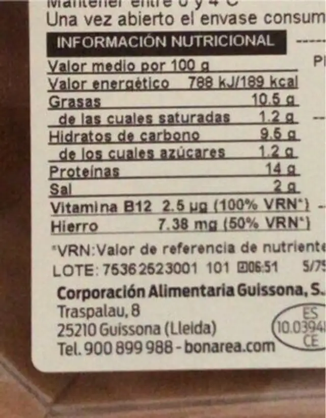 Hamburguesa vegana (sabor ternera) nutrition facts table