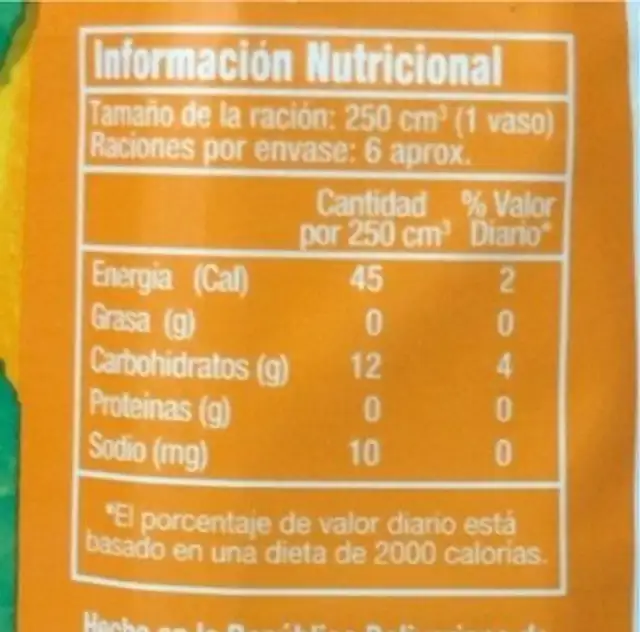 Litpton durazno nutrition facts table