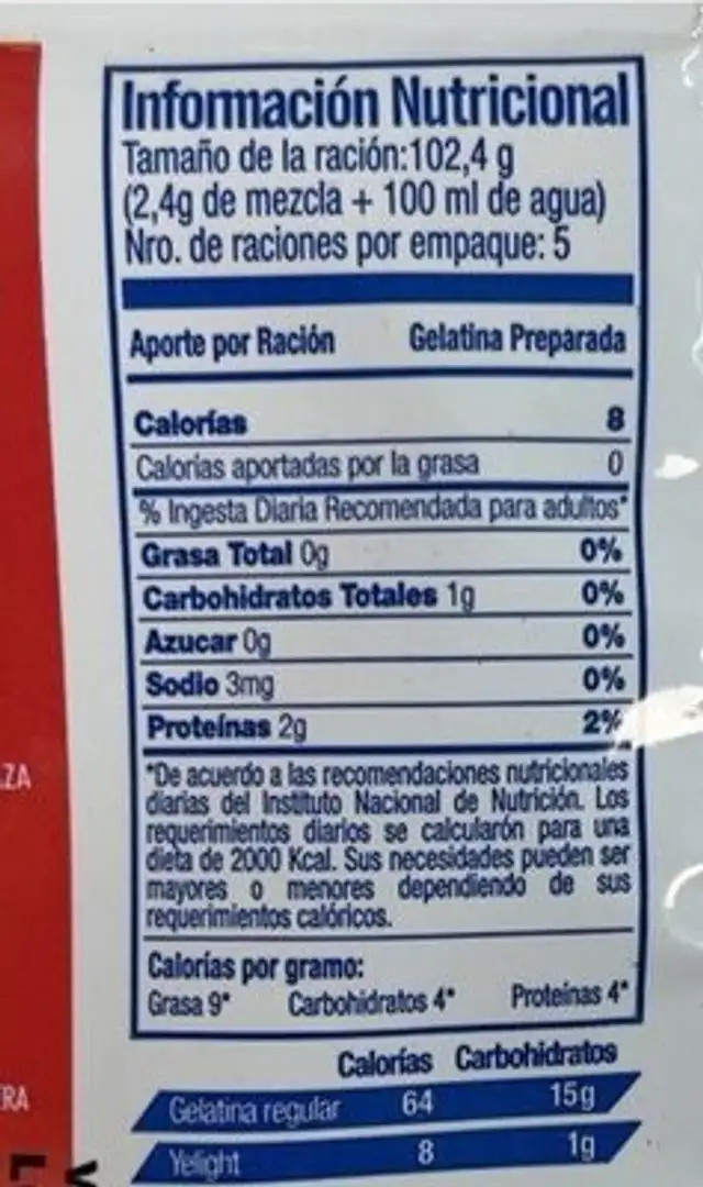 Yelight Gelatina sabor cereza nutrition facts table