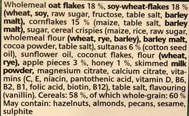 Swiss C. M. Crunchy Cereal ingredients label