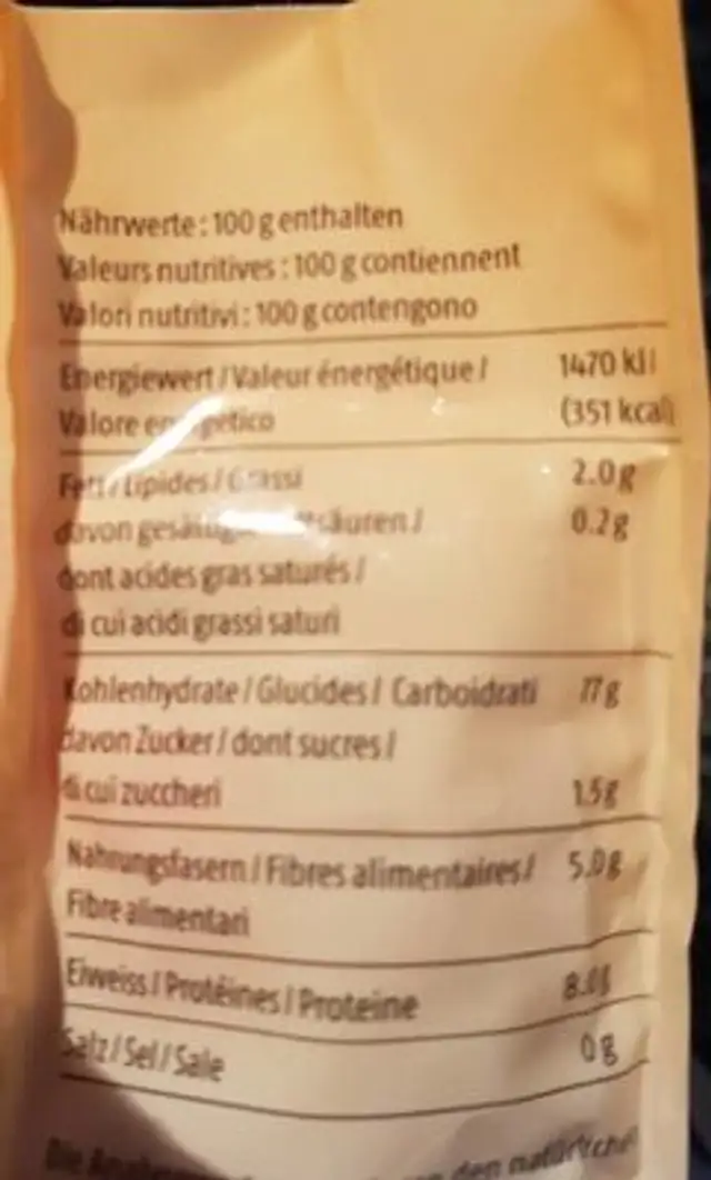 Zwicky Maisgriess Semoule de maïs Sans Gluten nutrition facts table