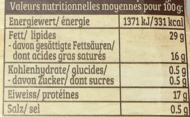 Burger de fromage, original nutrition facts table
