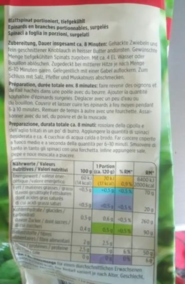 Epinards en branches ingredients label